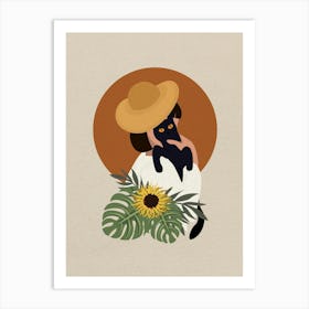 Minimal art beautiful Woman Holding A Cat Art Print