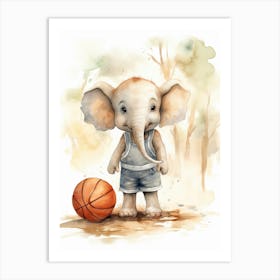 Elephant Painting Playing Basketball Watercolour 3 Art Print