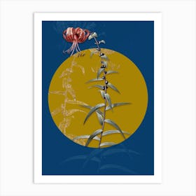 Vintage Botanical Tiger Lily on Circle Yellow on Blue 1 Art Print