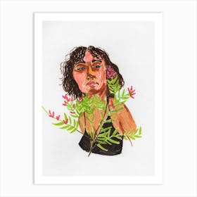 Graphic Portrait Lady With Flowers Art Print