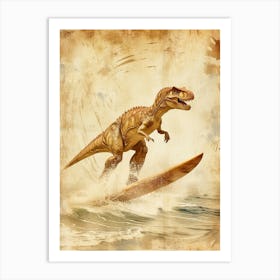 Vintage Carnotaurus Dinosaur On A Surf Board 1 Art Print