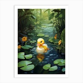 Cartoon Duckling Swimming With Water Lilies 3 Art Print