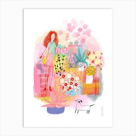 Dog And Lady Visit The Flower Shop Art Print