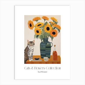 Cats & Flowers Collection Sunflower Flower Vase And A Cat, A Painting In The Style Of Matisse 1 Art Print