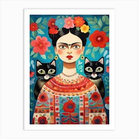 Frida Kahlo Two Cats Mexican Painting Botanical Floral Art Print