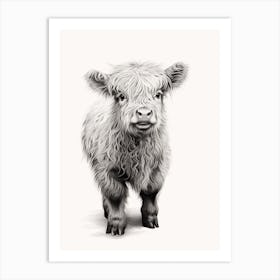 Black & White Illustration Of Baby Highland Cow 2 Art Print