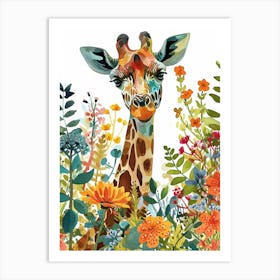 Watercolour Giraffe Head In The Leaves 8 Art Print