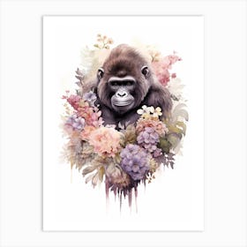 Gorilla Art With Flowers Watercolour Nursery 11 Art Print