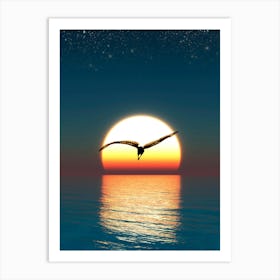Sunset scene at sea and seagull Art Print