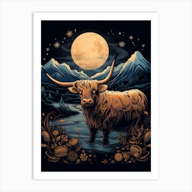 Digital Illustration Of Highland Cow At Night 2 Art Print
