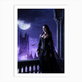 Gothic Woman Draped In Black Flowing Garments Stands By A Grand Shadowy Castles High Balcony Moon Art Print