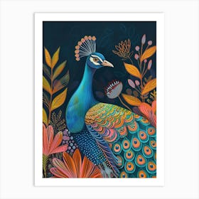 Folky Floral Peacock With The Leaves 2 Art Print