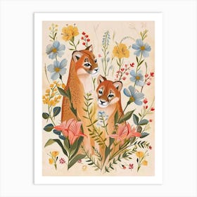 Folksy Floral Animal Drawing Puma 5 Art Print