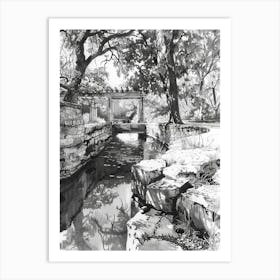 Hamilton Pool Preserve Austin Texas Black And White Drawing 2 Art Print