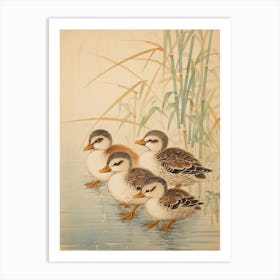 Japanese Woodblock Style Duckling Family 2 Art Print