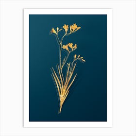 Vintage Freesia Botanical in Gold on Teal Blue n.0248 Art Print