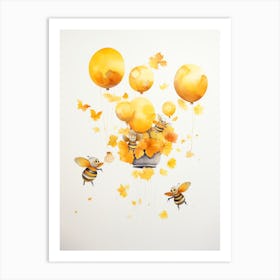 Bee Flying With Autumn Fall Pumpkins And Balloons Watercolour Nursery 1 Art Print