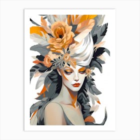 woman with flowers and feathers Art Print