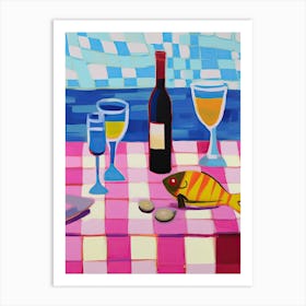 Painting Of A Table With Food And Wine, French Riviera View, Checkered Cloth, Matisse Style 3 Art Print