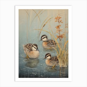 Ducklings Swimming In The Water Japanese Woodblock Style 2 Art Print