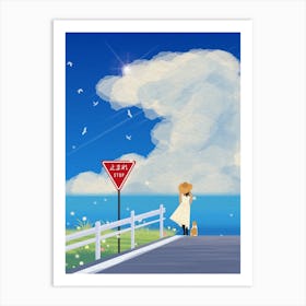 Minimal art Japanese Girl Walking On The Road Art Print