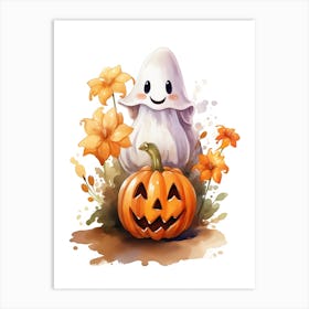 Cute Ghost With Pumpkins Halloween Watercolour 67 Art Print