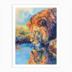 Southwest African Lion Drinking From A Watering Hole Fauvist Painting 2 Art Print