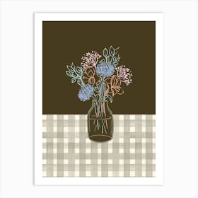 Flower bouquet gingham hand-drawn linework in taupe brown 1 Art Print