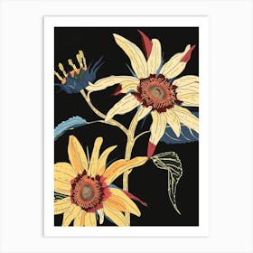 Neon Flowers On Black Sunflower 2 Art Print