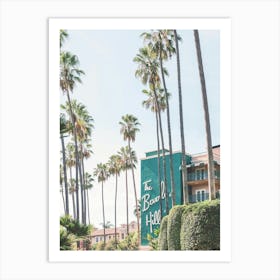 Los Angeles, USA I Green midcentury architecture of Beverly Hills Hotel under LA sun and palm trees with retro vintage summer pastel aesthetic of a film camera photography just like in the 1960s Hollywood movies Art Print