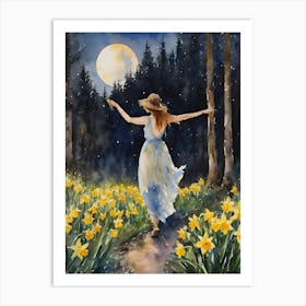 Ostara ~ Maiden in Daffodil Meadow on a Full Moon Pagan Wheel of The Year Fairytale Goddess Painting ~ Lunar Moon Lover Beautiful Lady of the Forest Gathering Herbs for Sacred Smudge Sticks, Spiritual Healing Dreamy Yoga Meditation Abundance Art Print