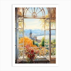 Window View Of Geneva Switzerland In Autumn Fall, Watercolour 1 Art Print