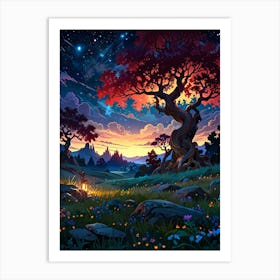 Landscape With Trees And Stars Art Print