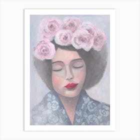 Woman With Pink Roses Hair Art Print