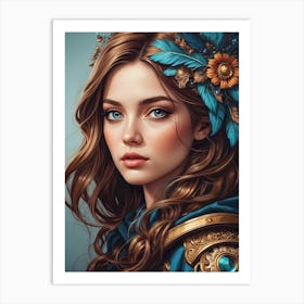 Beautiful Girl With Blue Feathers Art Print