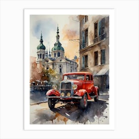 Old Car In Front Of Church Art Print