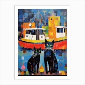 Two Black Cats In Front Of A Boat Patchwork Art Print