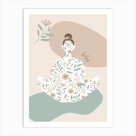 Yoga And Meditation. Boho Yoga Girl & Flowers — boho poster, boho wall art Art Print