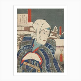 Portrait Of A Man Wearing A White Headscarf With Splatters On Top And A Kimono With Grey, Blue And Purple Art Print