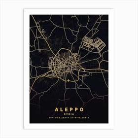 Aleppo Syria Black And Gold Map Art Print