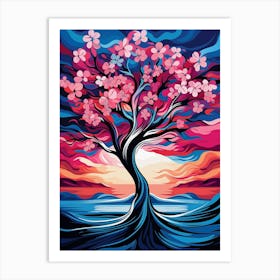 Sakura Tree at Sunset, Abstract Vibrant Painting in Van Gogh Style Art Print