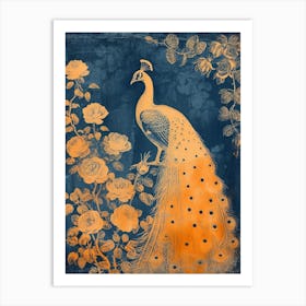 Orange & Navy Blue Floral Cyanotype Inspired Peacock 3 Art Print