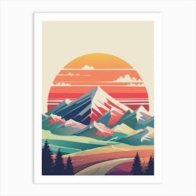 Retro Sunset Mountain Landscape Illustration Art Print