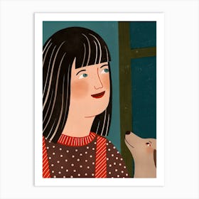 Woman Girl And Dog, cozy portrait Art Print