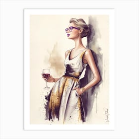 Elegant Lady With Purple Glasses Holding A Glass Of Wine Art Print