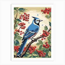 Vintage Bird Linocut Blue Jay 7 Art Print