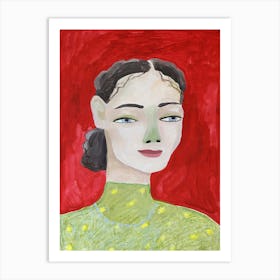 Woman in green sweater on red background Art Print