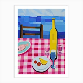 Painting Of A Table With Food And Wine, French Riviera View, Checkered Cloth, Matisse Style 7 Art Print