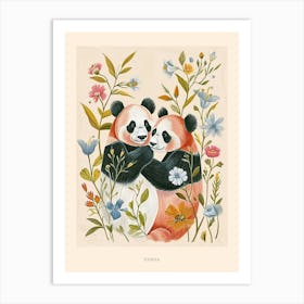 Folksy Floral Animal Drawing Panda Poster Art Print