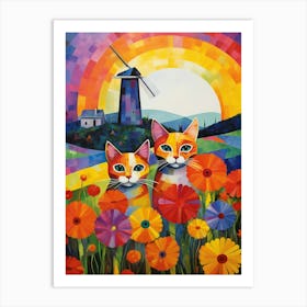 Two Cats With An Abtract Windmill Background Art Print